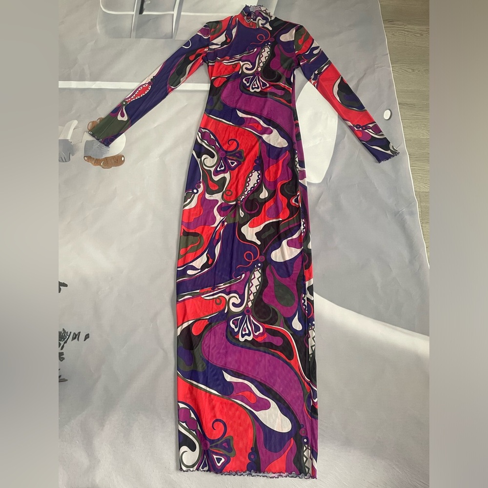 Emilio Pucci Vibrant Abstract Print Turtleneck Sheer Mesh Flared Maxi Dress - Picture 2 of 8